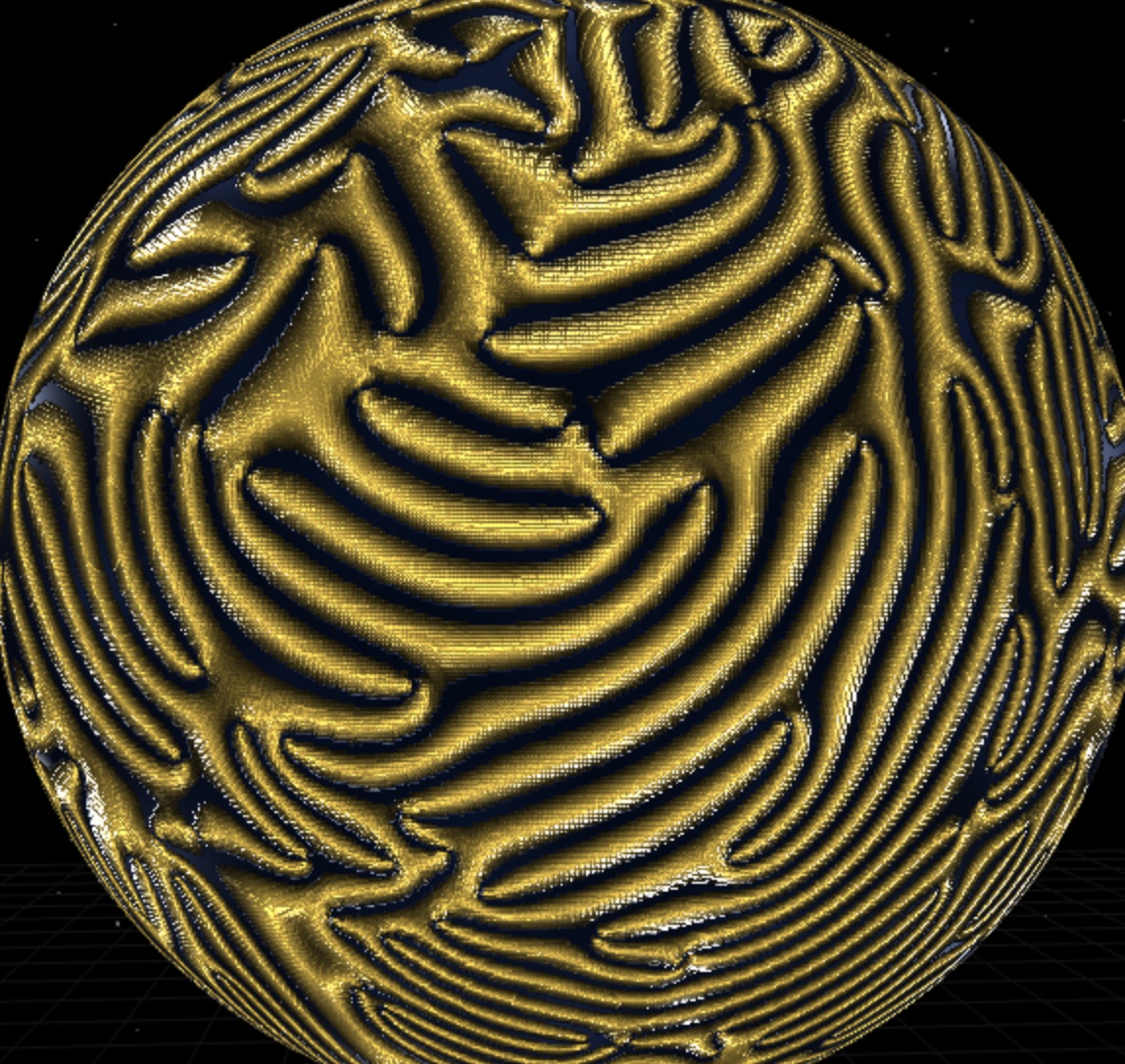 DMG Lattice Simulation - Gravity Mode showing golden wave interference patterns on the spherical voxel lattice